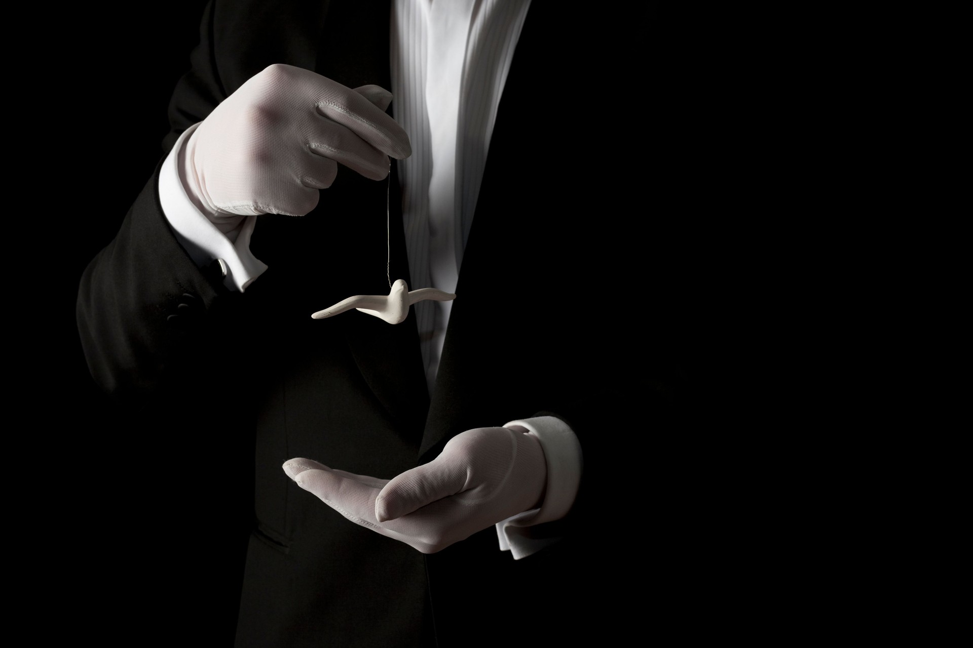 Person in white gloves holding a white dove ornament 